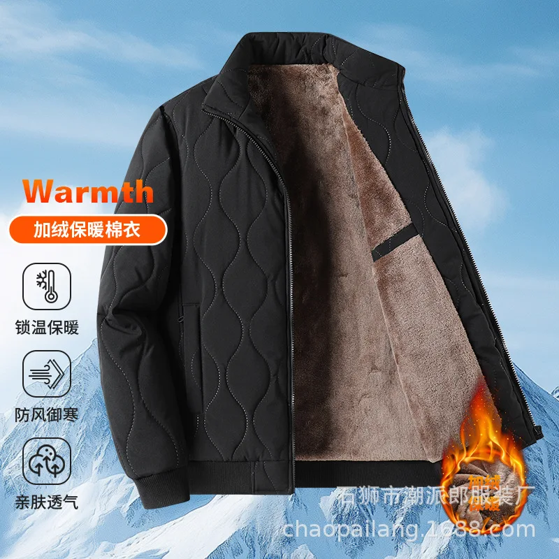 2026 Classic Explosion Middle-aged Dad Cotton-padded Clothes Autumn and Winter Piled Thickened Coats Stand-up Collar