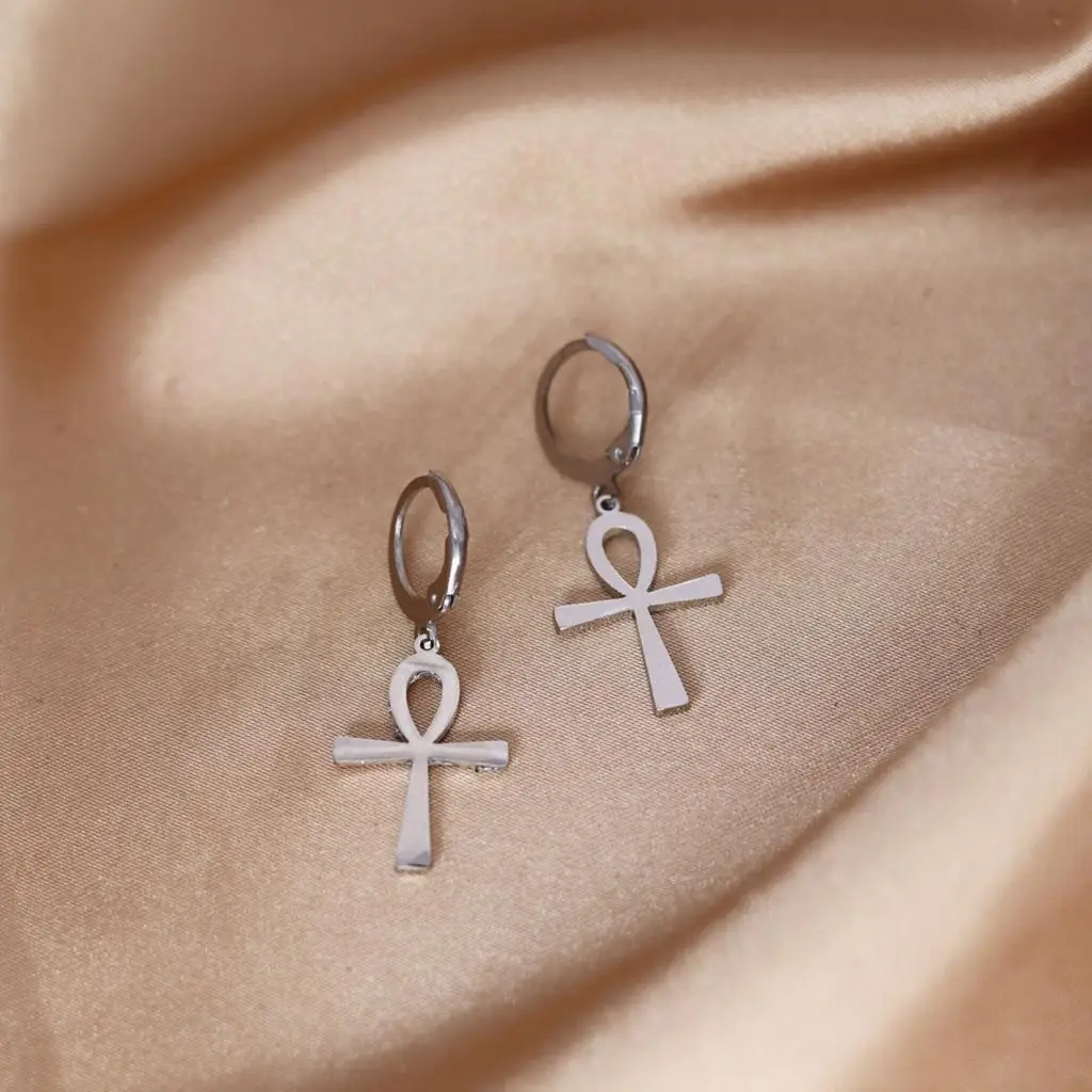 QIMING Ankh Cross Hoop Earrings For Women Men Egypt Jewelry Vintage Piercing Ear Religious Earrings Gift