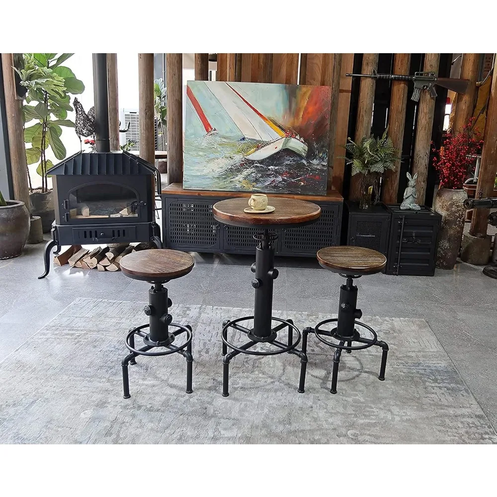 Adjustable Height Swivel Round Wood Top Industrial Bar Table, 32.3-36.2, 23.7 Diameter, Suitable for Kitchen, Dining, Office, Co