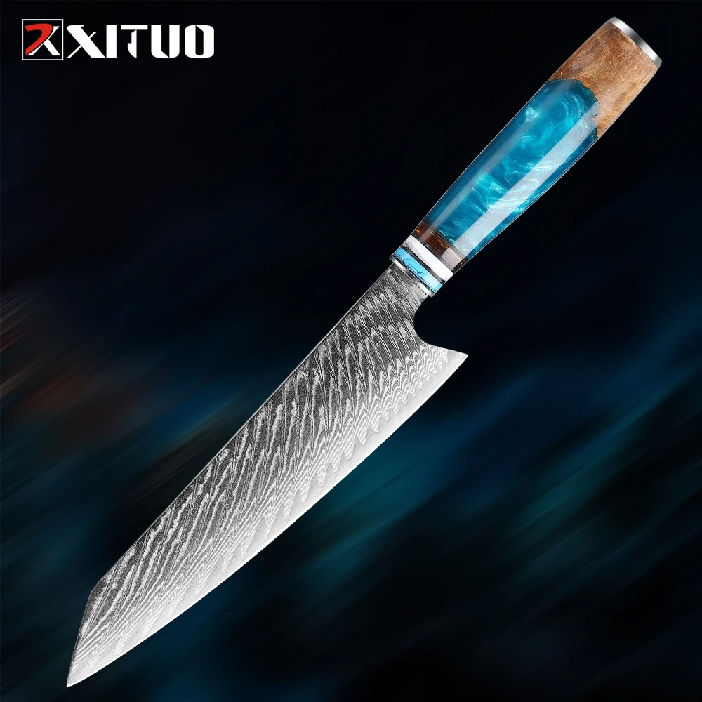 

8 Inch Kiritsuke Knife Damascus Steel 67-Ply Japanese VG10 Kitchen Knife Blue Resin Wooden Handle Chef Knife Sharp Slicing Knife