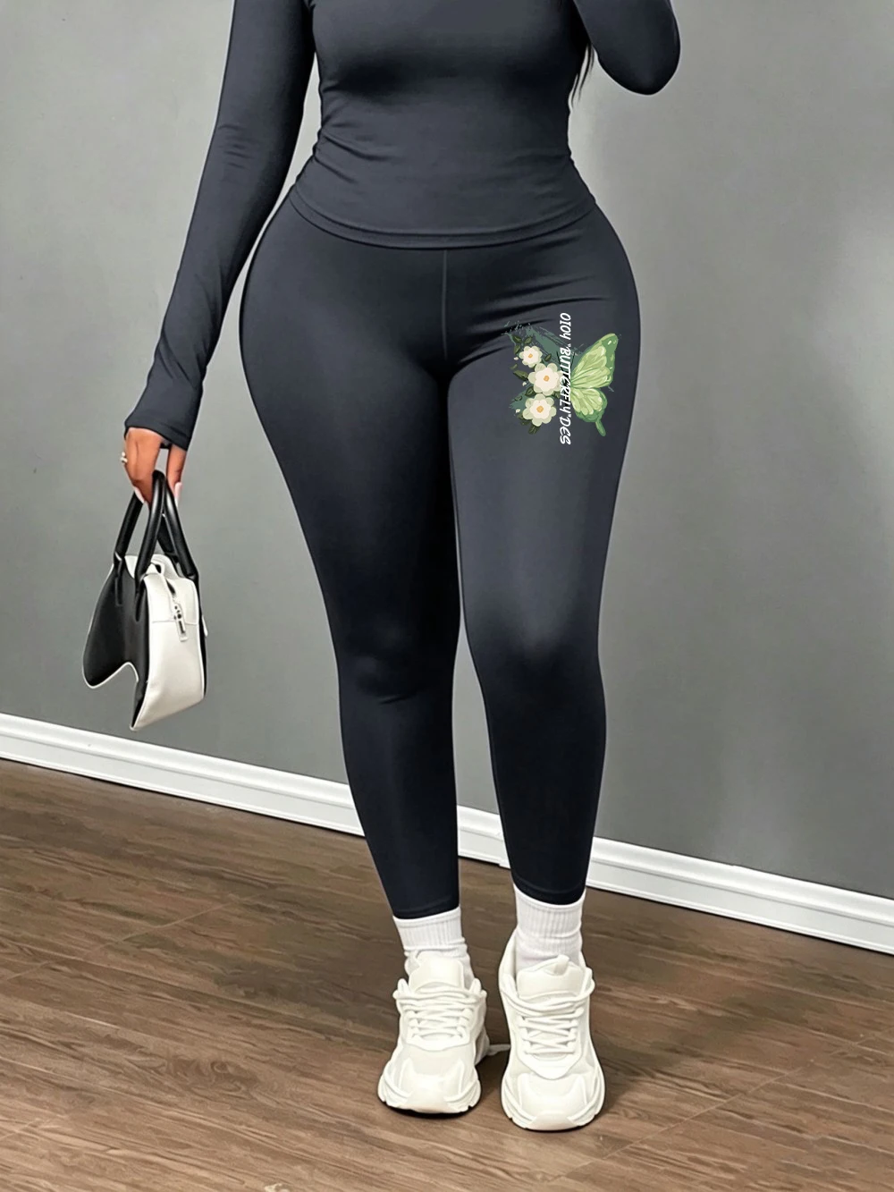 Green Butterfly Flower Printed Womens High Waist Tights Winter Warm Trousers Fleece Thicken Pants Basic Elastic Velvet Leggings