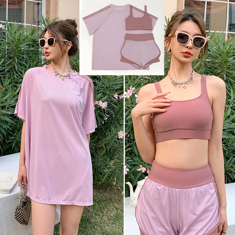 3pcs/set Swimsuits with Cover Ups Women's Bathing Suit Coverup Beachwear Loose Bikini Beach Dress Swimwear High Waist Rash Guard