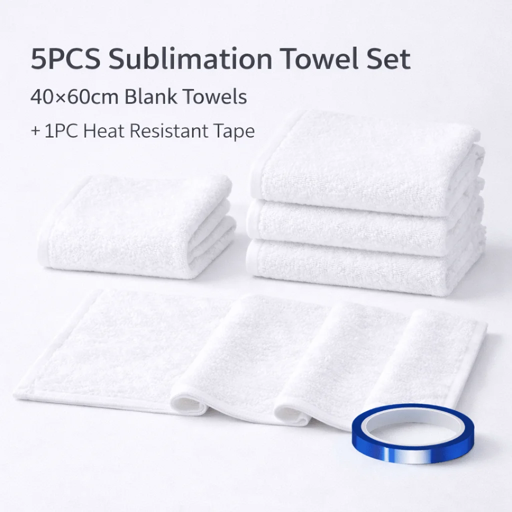 White Towel Set 40×60cm, 5PCS Blank Sublimation Towels with 1PC Heat Resistant Tape for Heat Press & Daily Use
