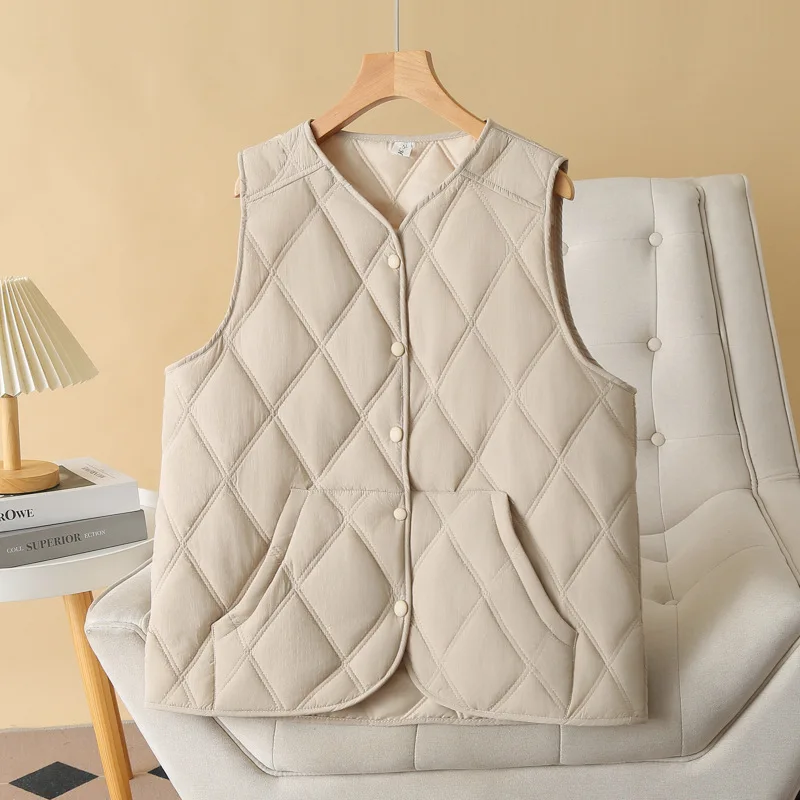 Fashion XL XXL Sleeveless Vest Women Autumn/Winter New Loose Vertical Pocket Parka Thin Argyle Coat 816