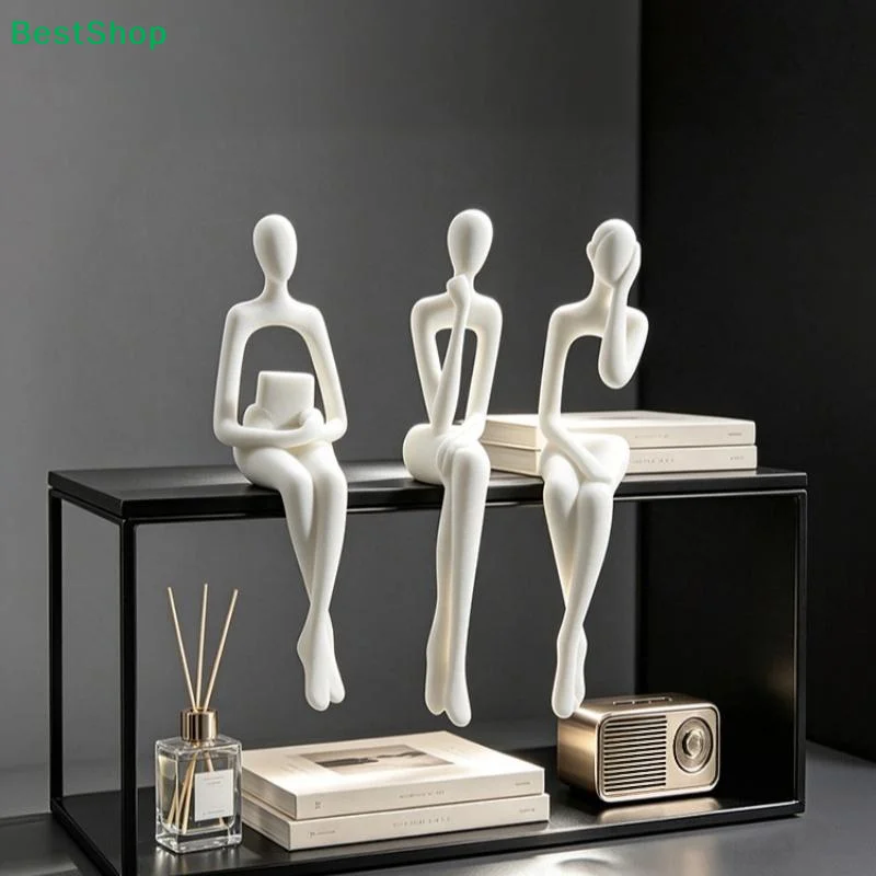 3Pcs Minimalist Abstract Sitting Human Sculpture Set Long Leg Handmade Edge Sitter Thinking Figurine 3D Printed Plastic Decor