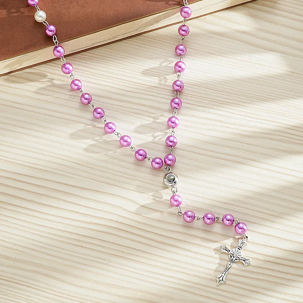 Multi-Color Rosary Beads Cross Gold 6mm Christian Catholic Virgin Mary Long Chain Jesus Religious Cross Pendant Rosary Necklace