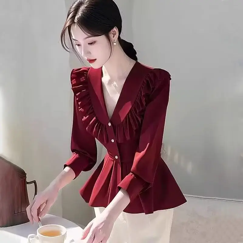 

Весна-лето 2022, новая темпераментная блузка с v-образным вырезом и оборками, женская офисная женская универсальная корсет на пуговицах, женская рубашка с длинным рукавом