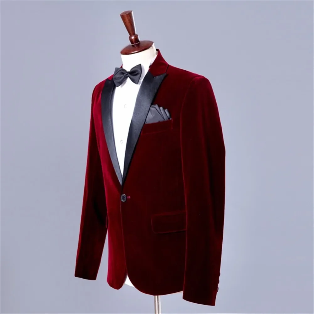 High-end Burgundy Velvet Men Blazer Single Breasted Black Peak Lapel  Wedding Slim Fit One Piece Jacket