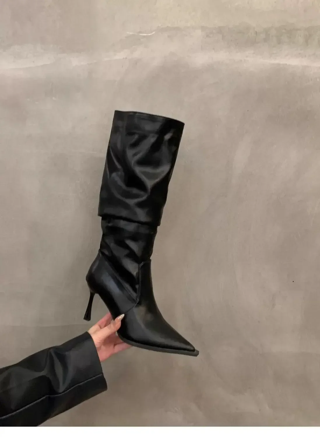 Plissierte Spitze Damen Langstiefel Street-Style High Heels Party-Stripper Damen Leder High Booties – Detail 11