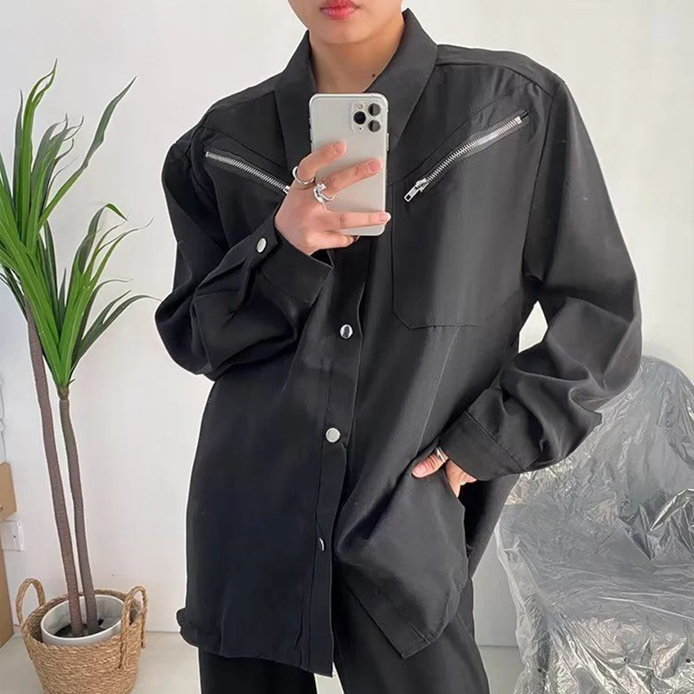 

Мужская весенняя рубашка Y2K с металлической молнией, в стиле пэчворк, уличная мода, для темных клубов, нишевая, с длинным рукавом, мужская одежда 2026