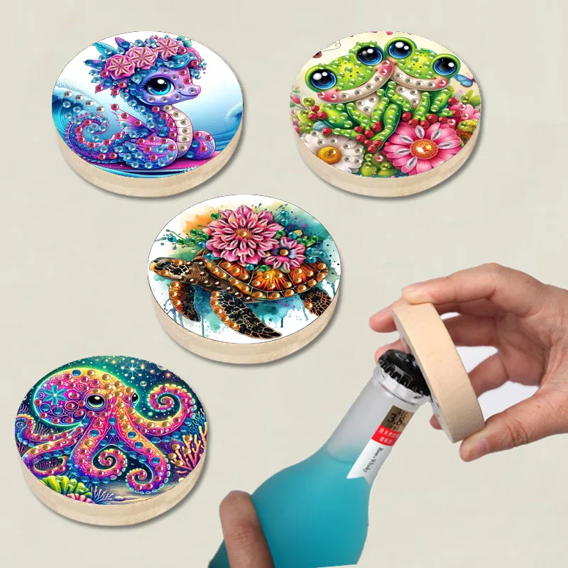 فتاحة بيرة خشبية مطلية بالألماس 5D مع تصميم مبهر على طراز الحياة البحرية، أداة يدوية الصنع مصنوعة يدويًا من الماس