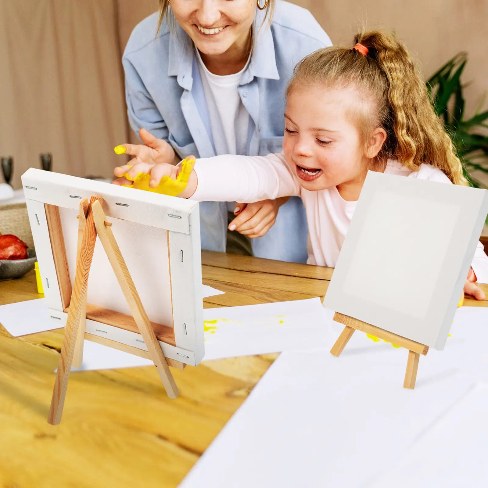 5Sets Mini Canvas and Easel Set Desktop Display Rack for DIY Painting Crafts Oil Acrylic Art Beginner Supplies Home Office
