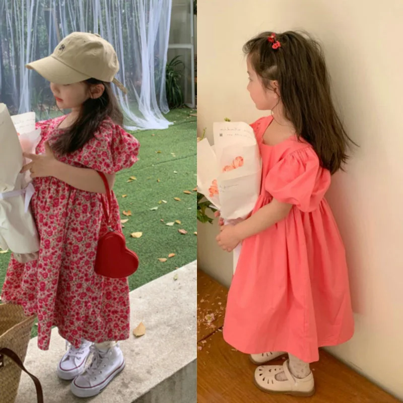 Girls\' Dress Flower Solid Color Square Neck Puff Sleeve Dress Sweet Princess Dress 2023 Summer New Fashion Children\'s Clothing