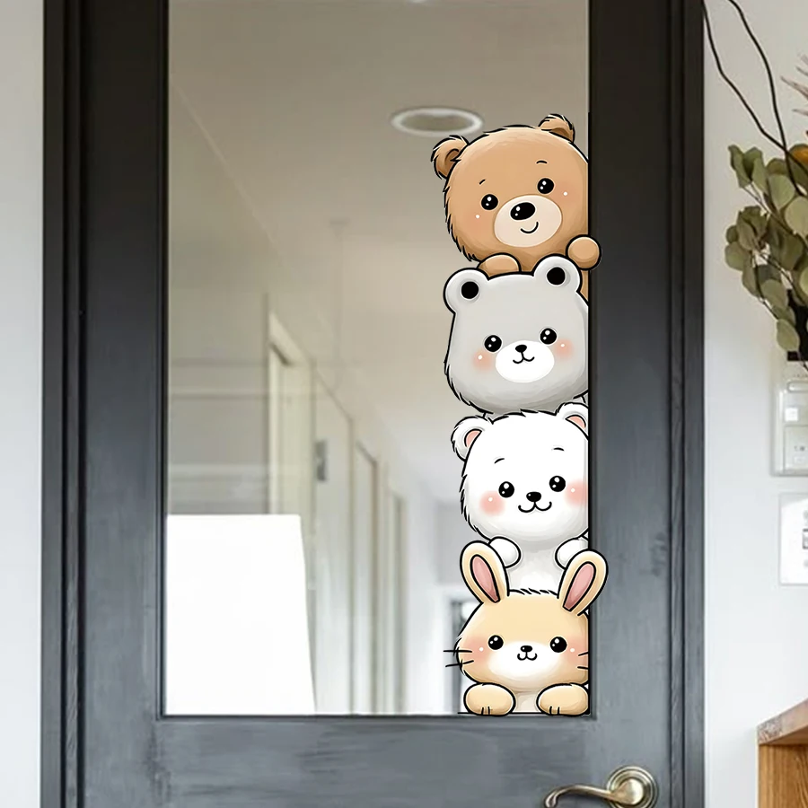 1/2sheets Cartoon Peekaboo Animal Door Stickers, Removable PVC Stacked Bear Rabbit Wall Decals for Kids Room, Nursery Door