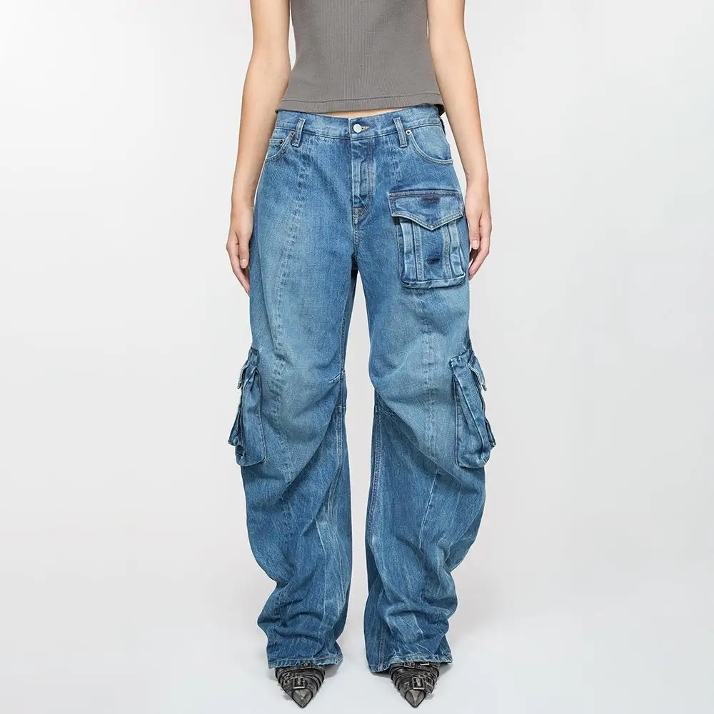 

Fashionable Trendy Women's Denim Pants Multi-Pocket Workwear Long Trousers Casual Style Natural Waist Zipper Closure All Seasons