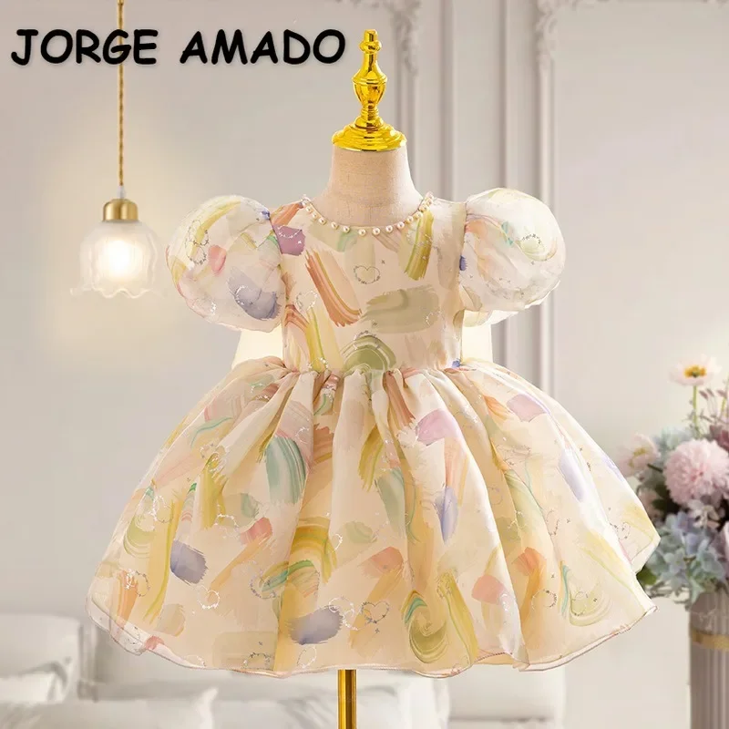 

Watercolor Print Flower Girl Dress Puff Sleeve Organza Gown with Pearl Neckline Colorful Party & Wedding Outfit for Girls