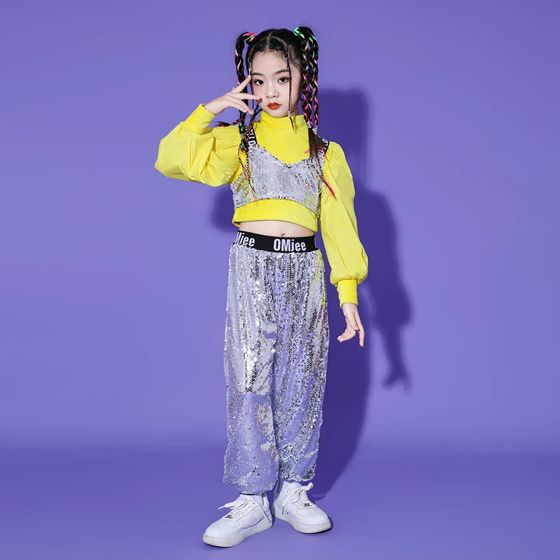 Kinder Street Dance Kostüm Modell Runway Fashion Kleid für Mädchen mit gelben Pailletten für Tanzaufführung