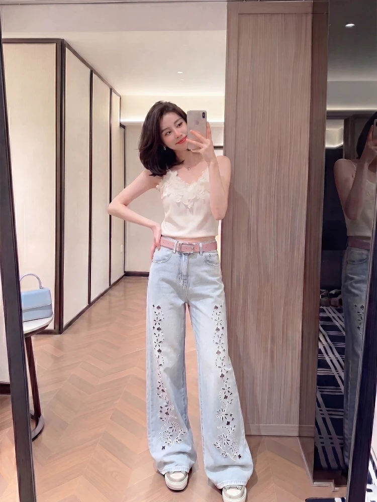 Pants Cutout Rhinestone Denim Womens Spring Summer 2026 New High Waist Loose Slimming Chic Stylish Extra Long Floor Trousers