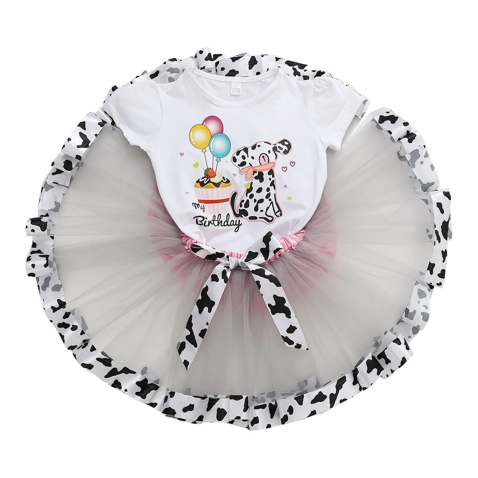 2-8Y Kids Girls Ballet Costume Clothes Short Sleeve Cartoon Print Top+Patchwork Color Tulle Dance Skirt Tutu Performance Suits