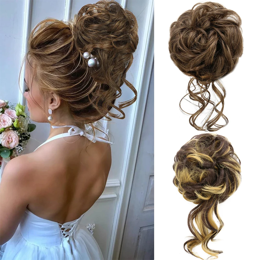 

Messy Hair Bun Synthetic Curly Donut Chignon With Elastic Band Scrunchies Updo Hairpieces Extensions Brown For Women