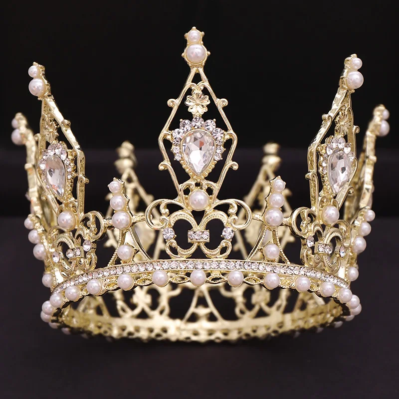 

Trendy Golden Round Baroque Rhinestone Crystal Headdress Wedding Hair Accessories Queen Crown Bridal Tiara Jewelry Accessories