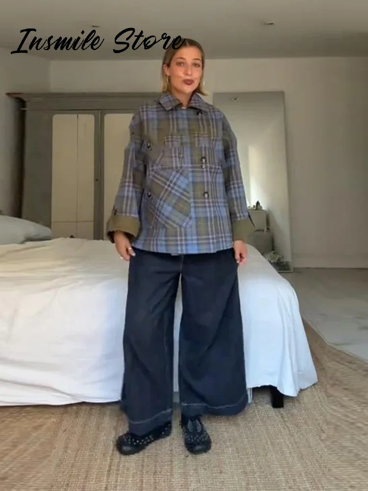 Elegantní kostkované oboustranné kabáty s klopou, jednořadé zapínání na dlouhý rukáv, kapsa, šněrovací bunda, podzim 2025, dámské ležérní svrchní oblečení, nové - náhled 6