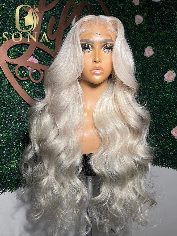 Colored Platinum Ash Blonde White 13X6 Transparent Lace Front Wig Grey Blonde 60# 13X6 Lace Frontal Wig Human Hair For Women