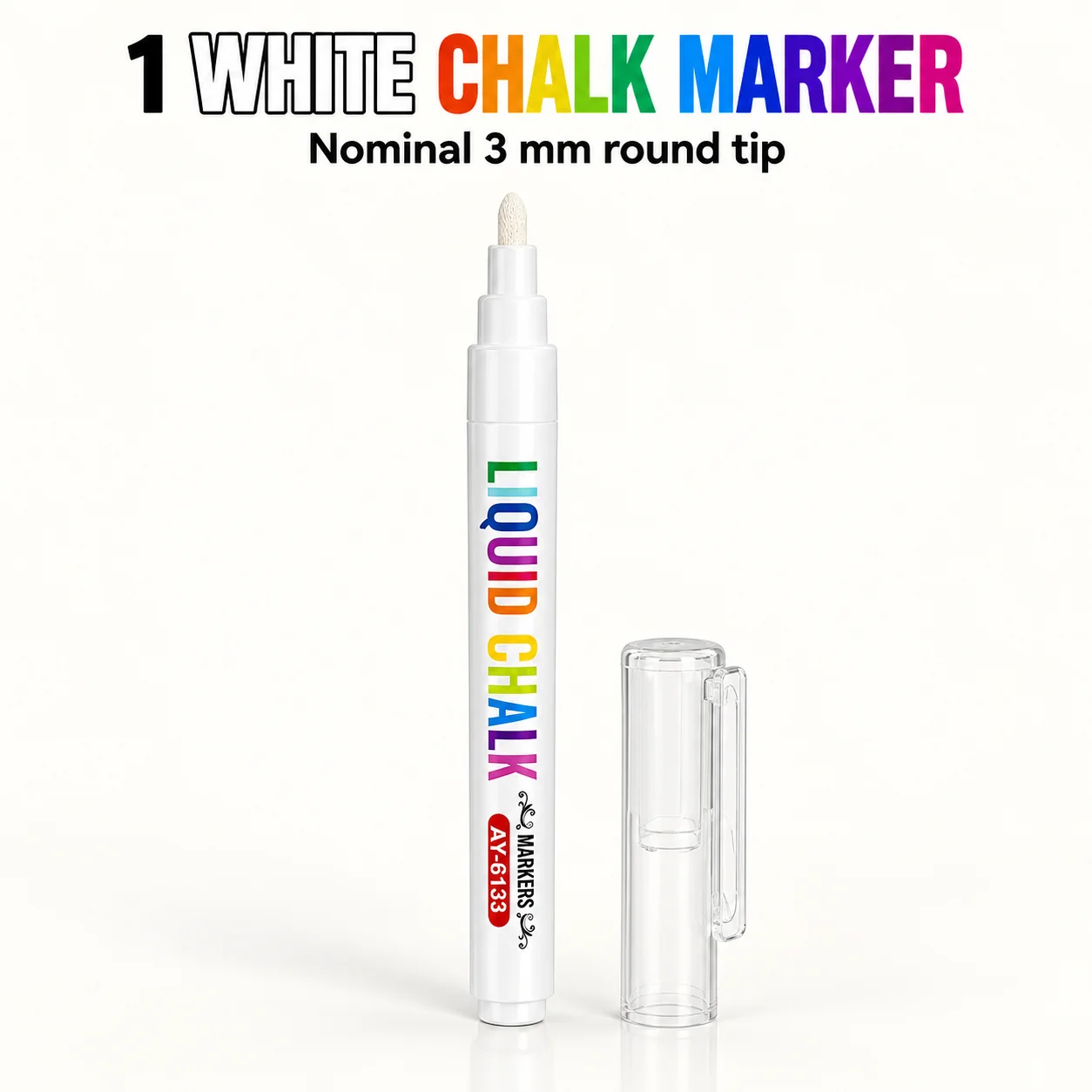 1 White AY6133 Liquid Chalk Marker with Nominal 3mm Round Tip and Clear Clip Cap