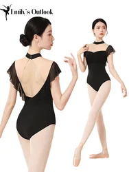 Spandex Women Dance Leotards Short Ruffle Sleeve Mesh Lace Back Ballet Bodysuit Gymnastics Yoga Tops Korea Turtle Neck Chest Pad