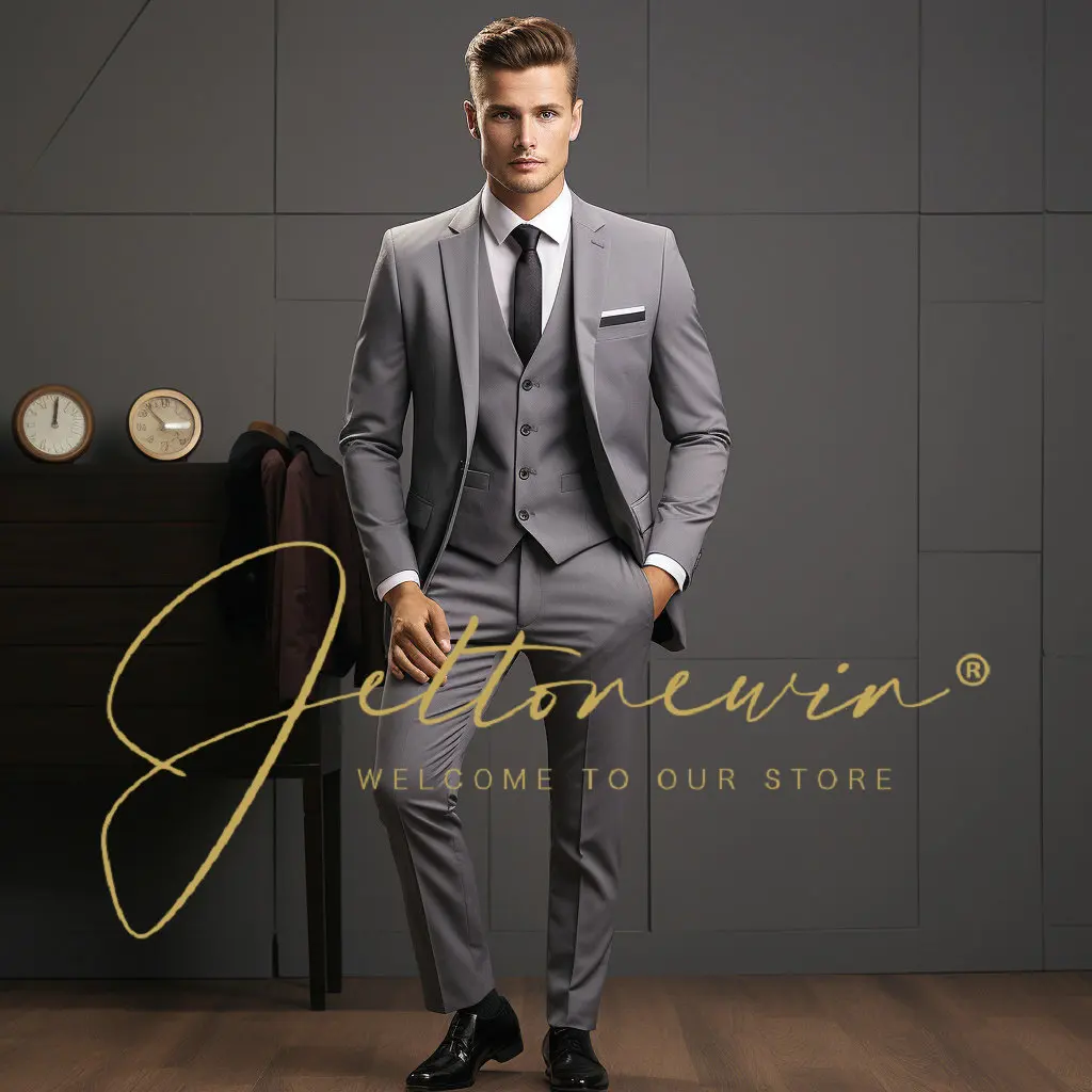 

Men's 3 Pieces Suit Set Dress Male Business Casual Solid Color Fashion Slim Fit Dress Blazers Pants Vest Formal Wedding Clothing