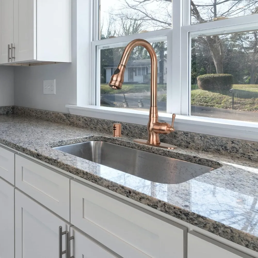 Antique Copper Single Level Solid Brass Pull-Down Kitchen Faucet with Deck Plate for Sink, One-Handle Design
