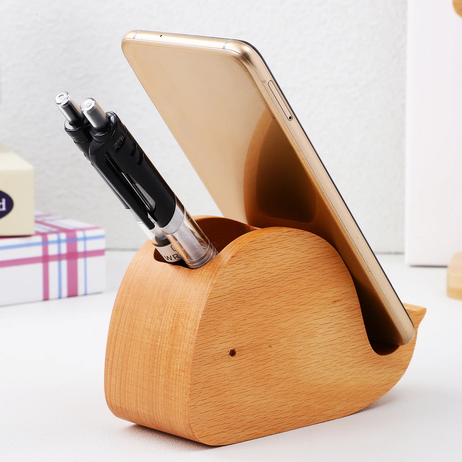 Wooden Dolphin Phone Stand Cute Pen Holder for Desk Stable Cell Phone Holder Multifunctional Storage Cellphone Stand