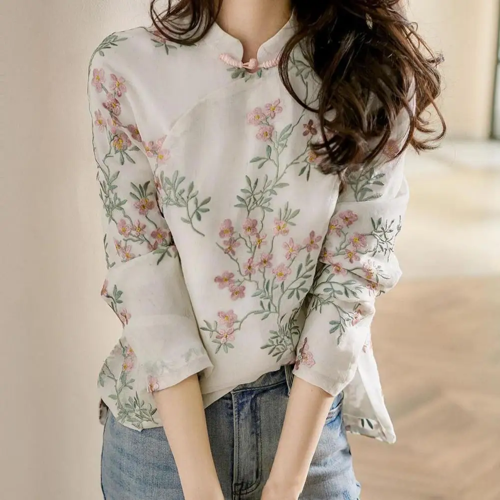 Terrific Spring Blouse Soft Women Shirt Chinese Style Long Sleeve Cheongsam Shirt  All Match