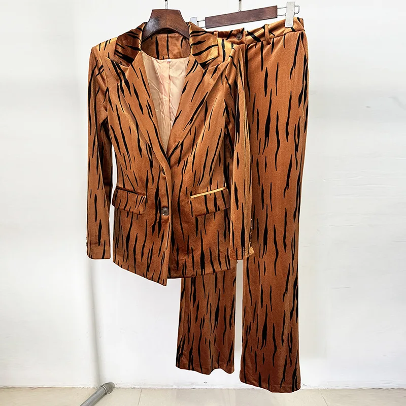 HKSH Autumn Winter New Women's Two-piece Suit Set Printed Single Breasted Pockets Velvet Blazer Trendy Pants High Street HK15524