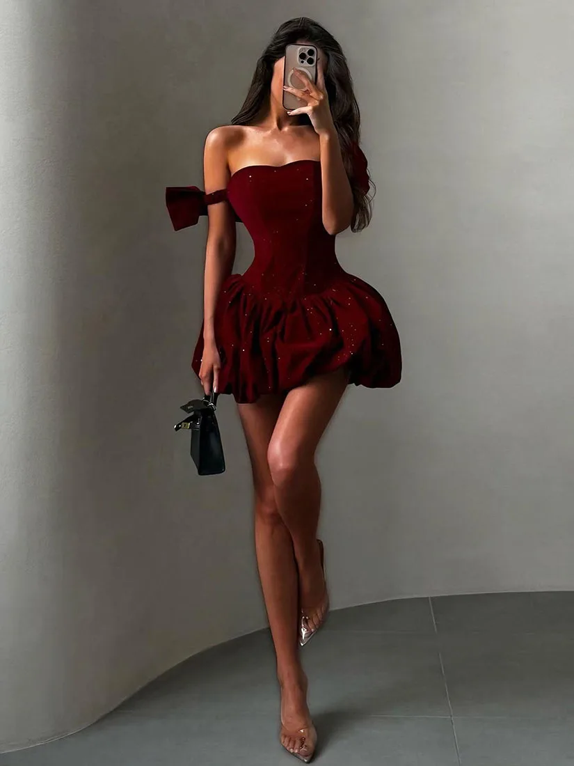 

Sisjuly New Year's Party Elegant Knot Shiny Bloom Splice Tube Top Dress Women's Autumn Fashion Sequin Gown