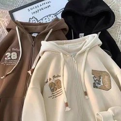 Y2K uzun kollu gevşek ceketler kadın gotik nakış Hoodies Vintage Harajuku rahat Zip Up kapüşonlu eşofman üstü Streetwear