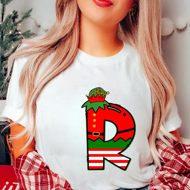 Women’s Christmas Alphabet A-Z Graphic Print T-shirt, Casual Streetwear Tee, Holiday Party Santa Letter Print Female Clothing