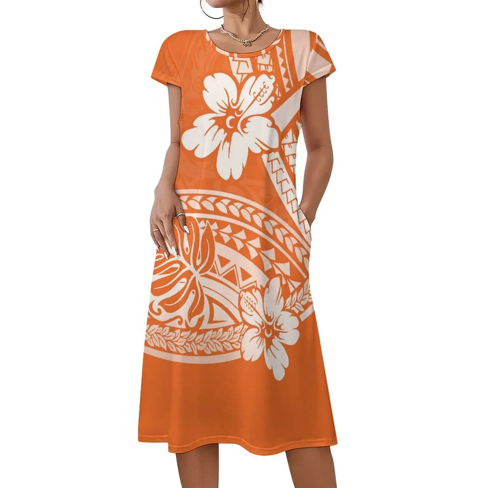 Letnia sukienka damska bez rękawów z krótkim rękawem, luźna, szyta na miarę, z polinezyjskim wzorem tribalnym i kwiatowym.