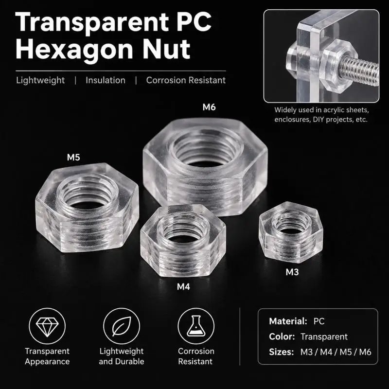 25/50/75/100pcs Transparents PC Hex Nuts M3 M4 M5 M6 Transparents Nylon Plastic Metric Hex Nuts