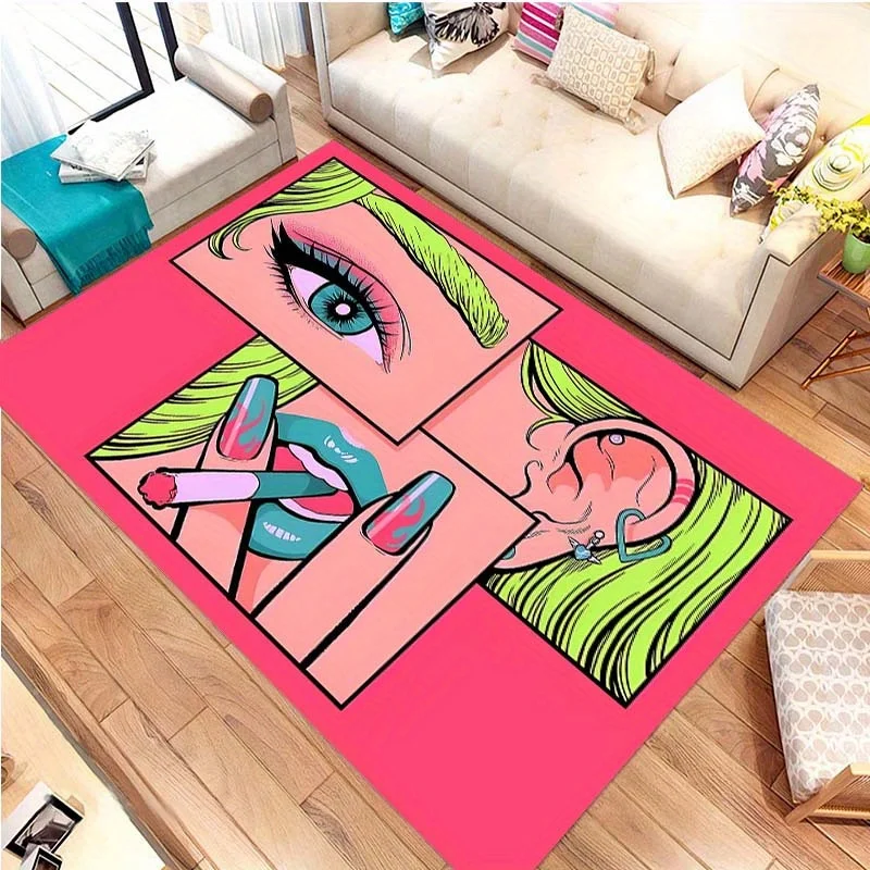 Pop Art Girl Doormat, Pink Comic Style Entrance Rug, Funny Face Floor Mat, Non-slip Living Room Carpet, Trendy Home Decor