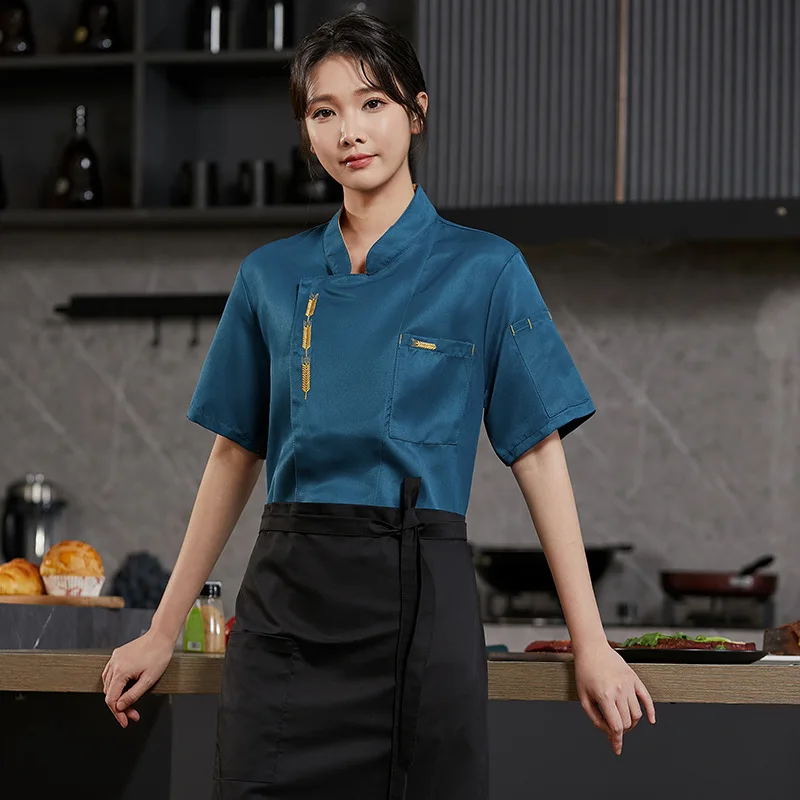 Chef Overalls Short Sleeve White Men's Summer Canteen Dining Kitchen Employee Uniform Baking Print and Embroiderylogo