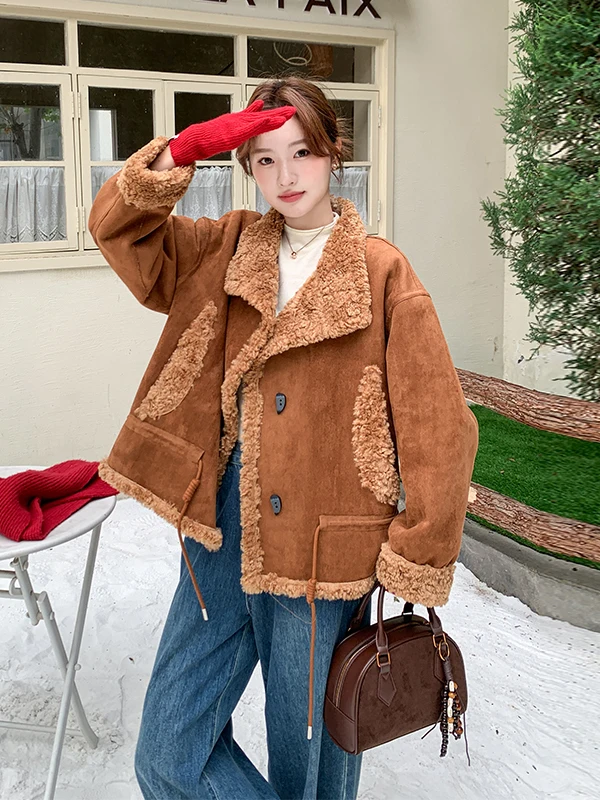 Brown Lamb Fur Jaet Women's ort Thiened Autumn Winter New Sle Warm Loose Fit Long Sve Button Closure