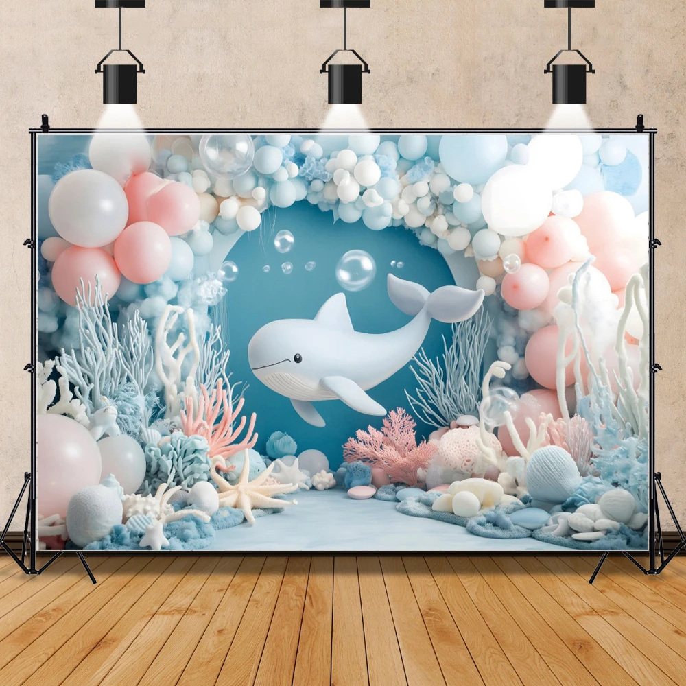 Fantasy Underwater World Photography Background 3D Balloon Whale Jellyfish Sea Princess Baby Birthday Party Photozone Backdrop