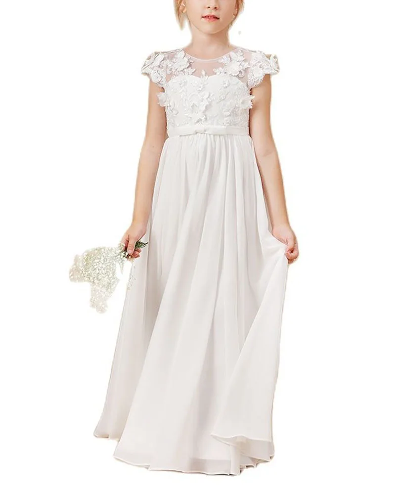 

White Flower Girl Dress Puffy Tulle Long With Halter And Floral Appliques Sleeveless Fit Wedding Birthday First Communion Gowns