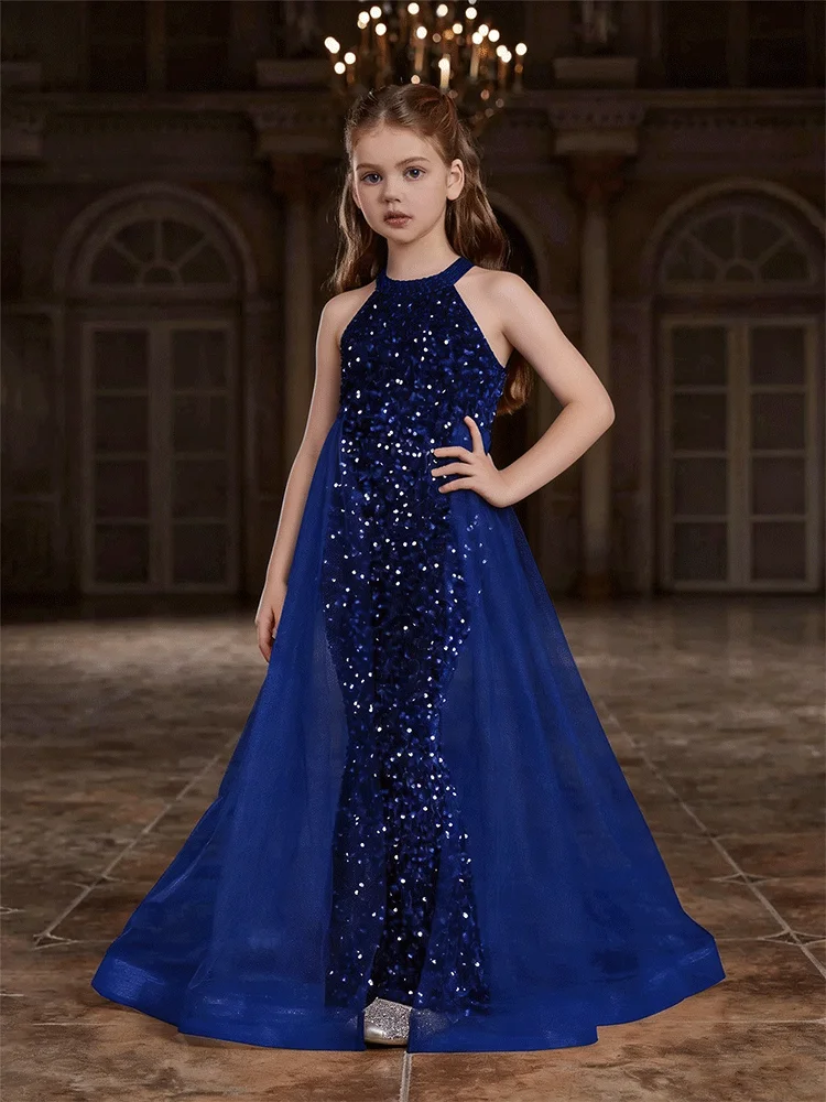 ホルターネック子供服スパンコールメッシュベルベットイブニングドレス結婚式宴会フラワーガールイブニングドレス女の子の誕生日イブニングドレス