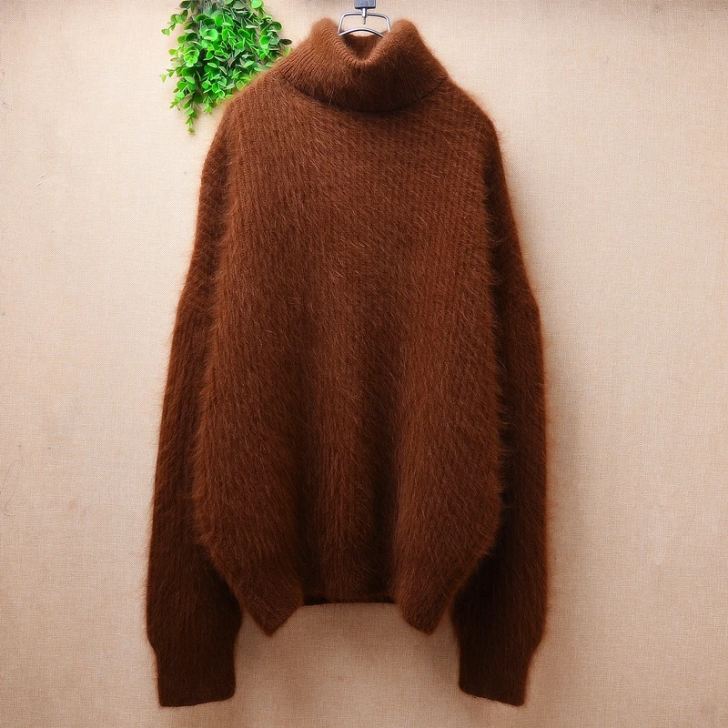 Female Women Fall Winter Clothing Hairy Plush MInk Cashmere Knitted Turtleneck Split Loose Pullover Angora Fur Jumper Sweater