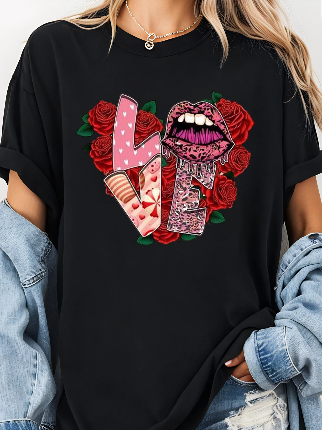 Koszulka damska z grafiką walentynkową: serce, róże, usta, styl casual, moda, streetwear