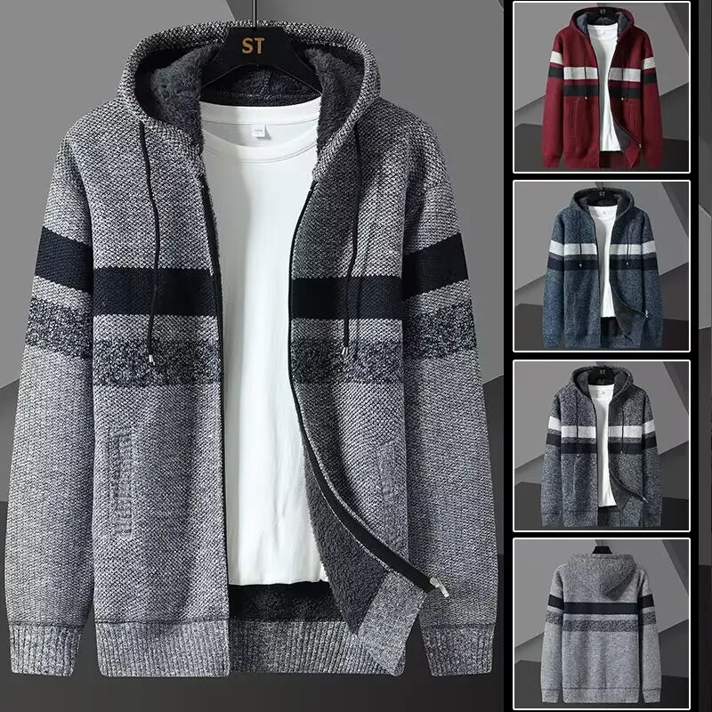 

Men's New Zipper Cardigan Hoodie Sweater Fashion Vertical Strip Color Matching Hoodie Knitwear