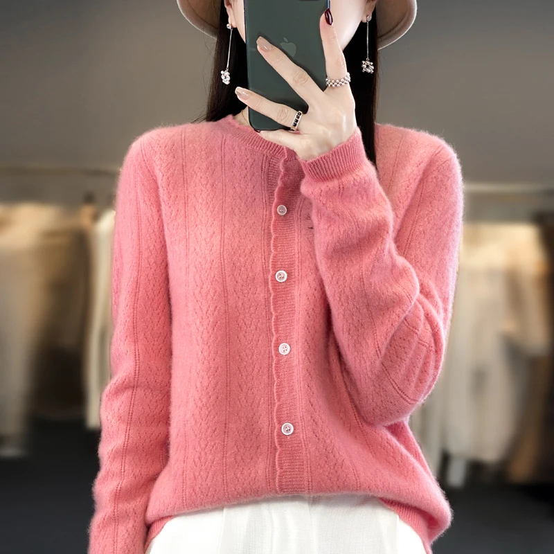 2024 Fashion Women\'s Knitted Cardigan 100% Merino Wool Korean Long Sleeve Sweater Autumn/Winter New Jacquard Knitted Cardigan