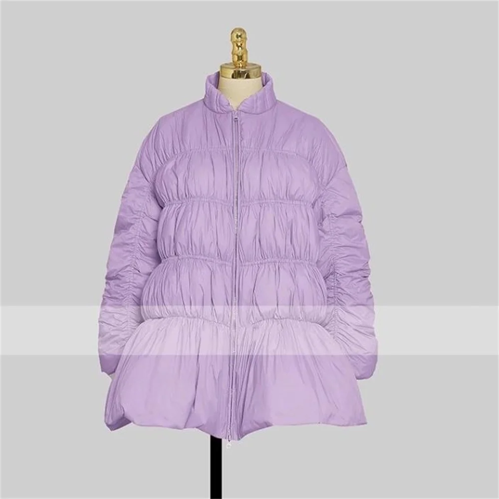 Zimowa Nowa Moda Casualowa Kurtka z Bufiastymi Rękawami typu Latarnia, Luźna, Rozkloszowana, Gruba Kurtka z Białego Puchu Kaczego dla Kobiet